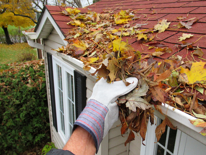 Worker performing gutter cleaning service on client’s home
